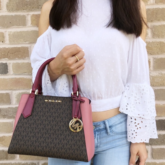 Gaby’sBags👜💕-Michael Kors Satchel Brown Mk Pink - Picture 7 of 8